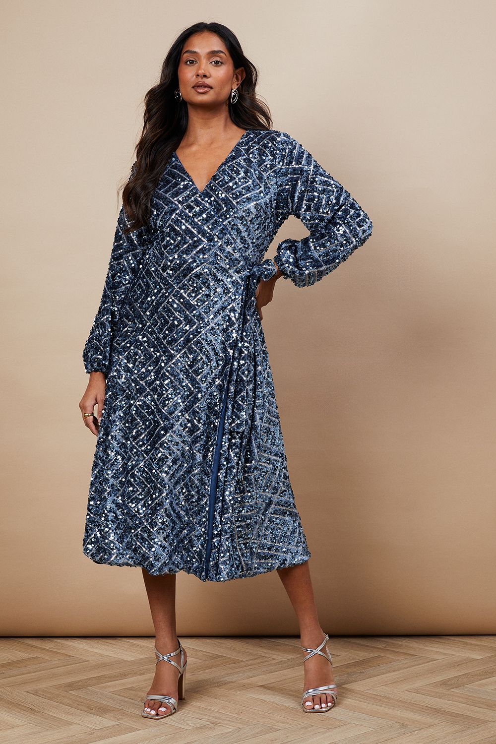 Occasion Geo Sequin Wrap Midi Dress