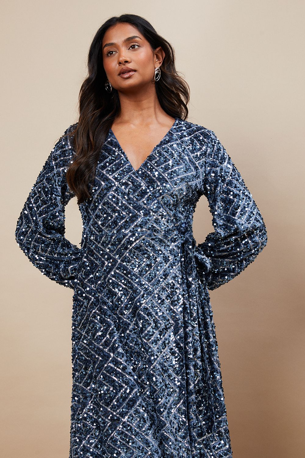 Occasion Geo Sequin Wrap Midi Dress - Image 2