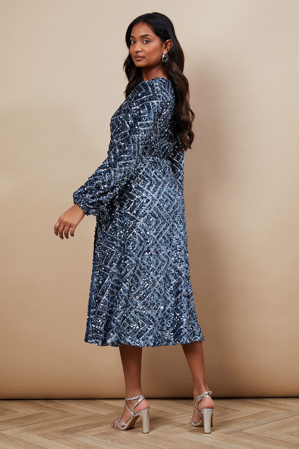 Occasion Geo Sequin Wrap Midi Dress - Image 3