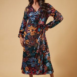 Occasion Floral Sequin Wrap Midi Dress
