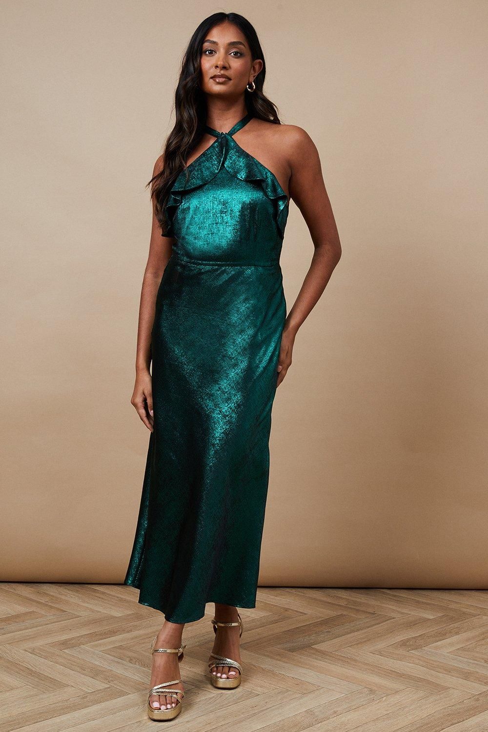 Foil Halterneck Ruffle Foil Midaxi Dress