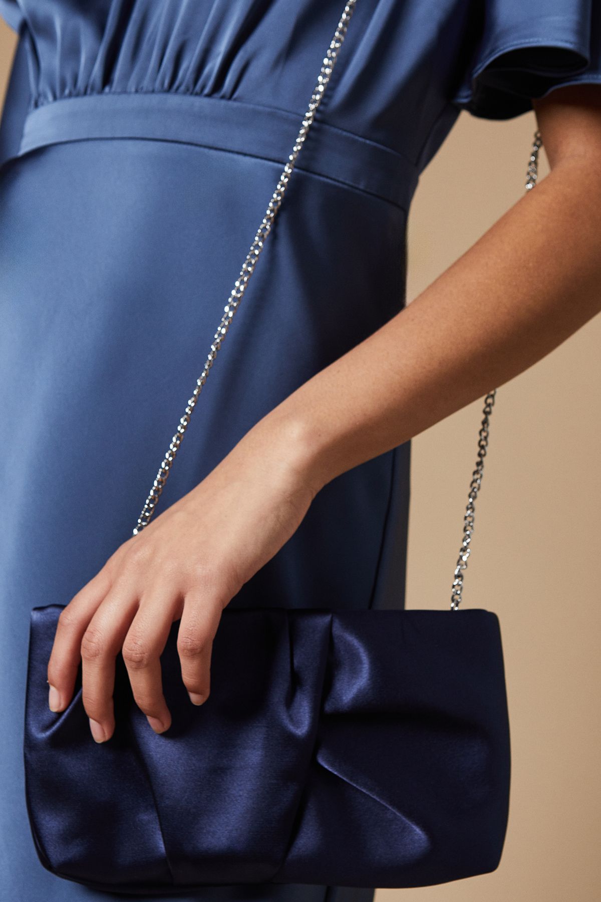 Ruched Satin clutch Bag with Removable Shoulder Strap - Image 3