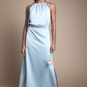 Ruched Halterneck Satin Bridesmaid Midi Dress