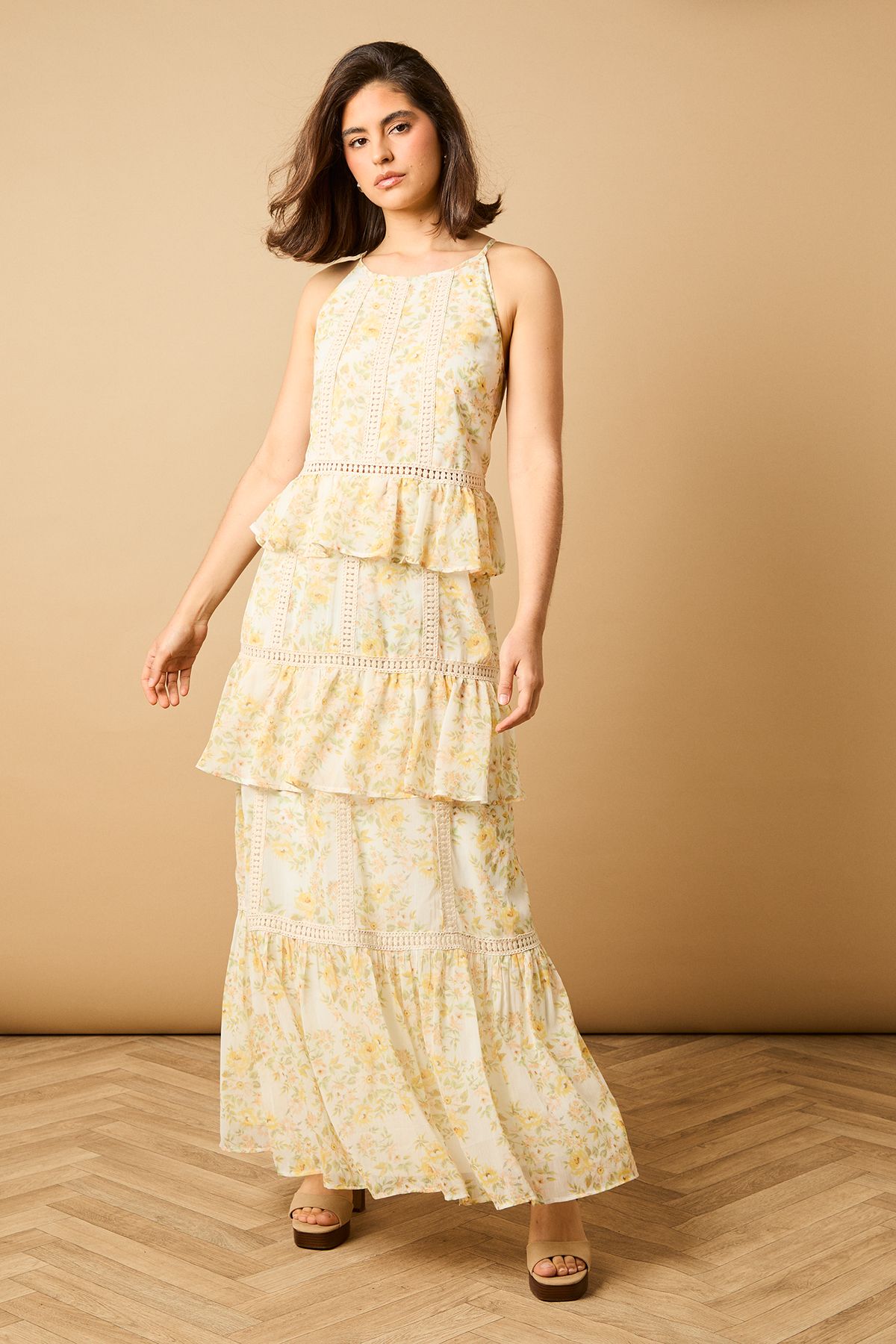 Printed Lace Detail Halterneck Tiered Midaxi Dress