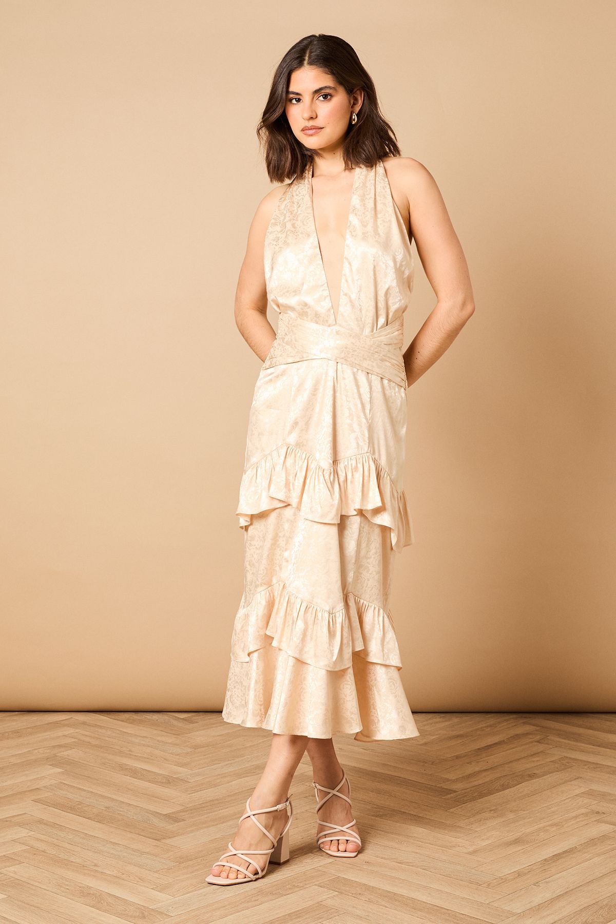 Halterneck Satin Jacquard Midi Dress