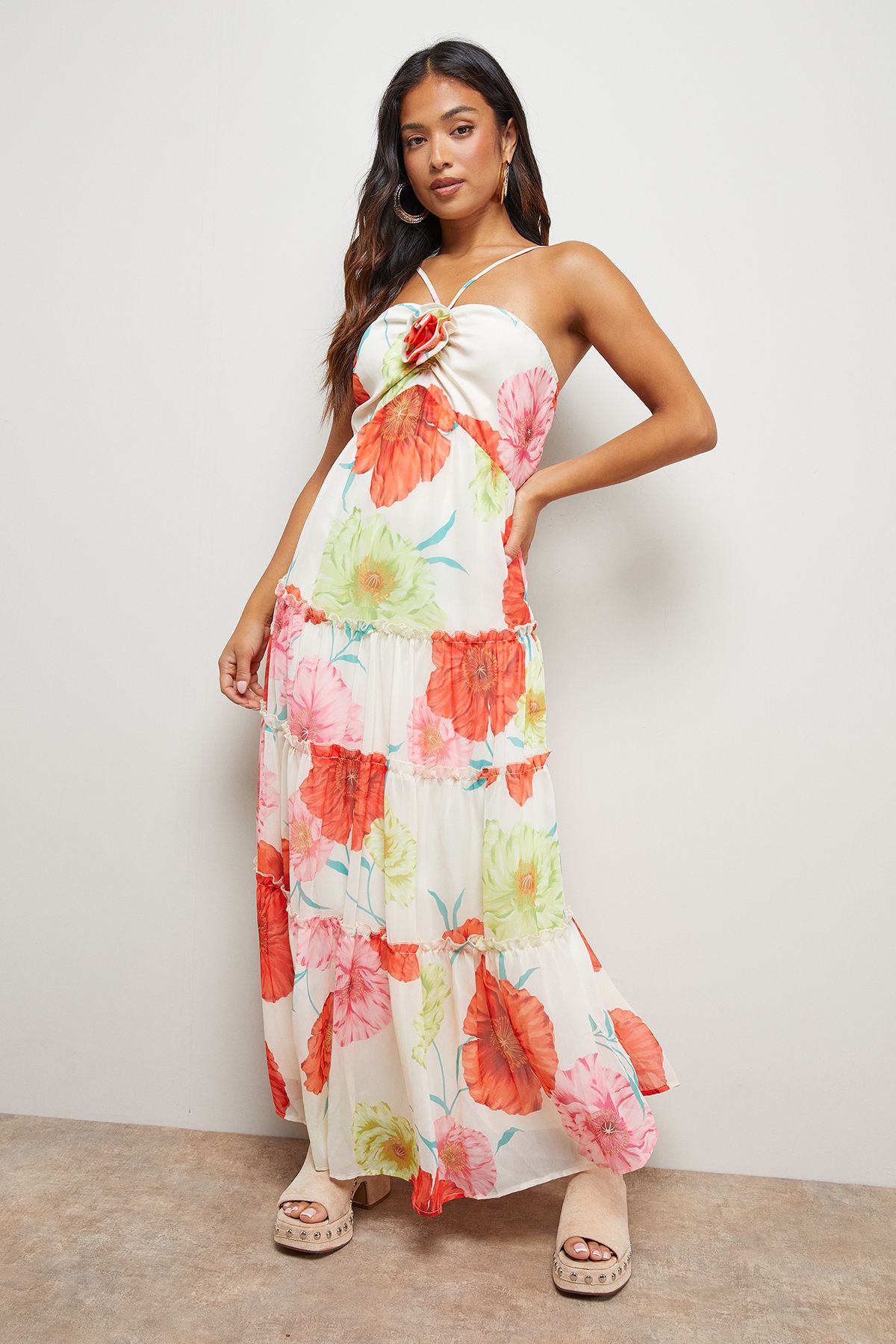 Petite Rosette Detail Halterneck Midi Dress