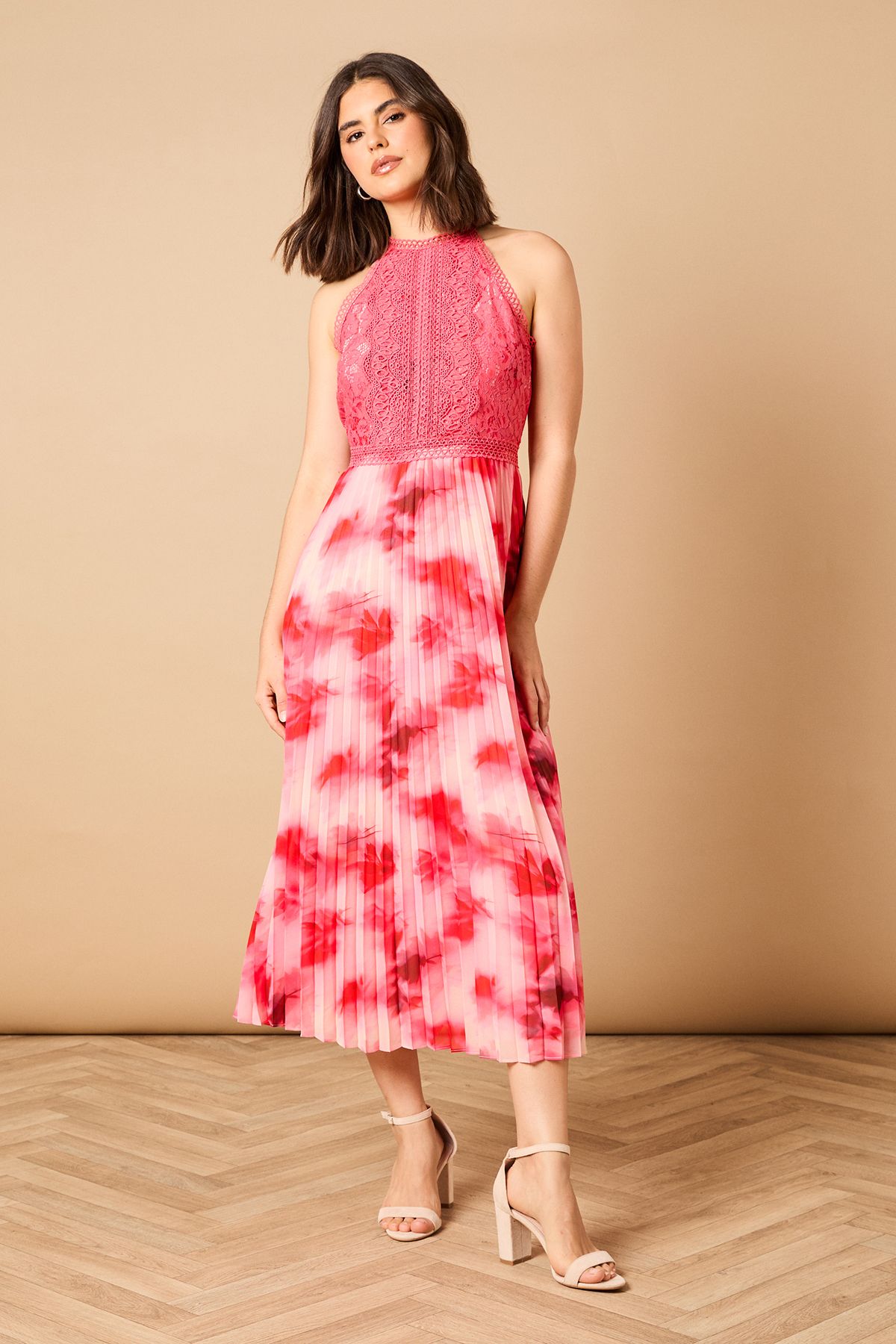 Printed Lace Mix Halterneck Midi Dress