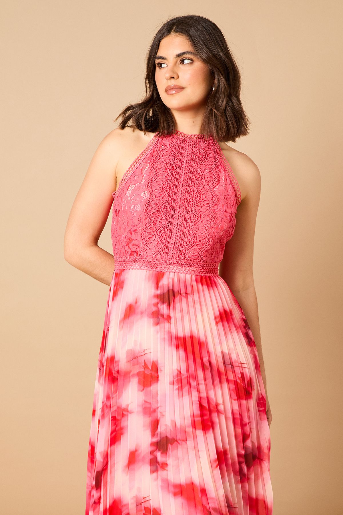 Printed Lace Mix Halterneck Midi Dress - Image 2