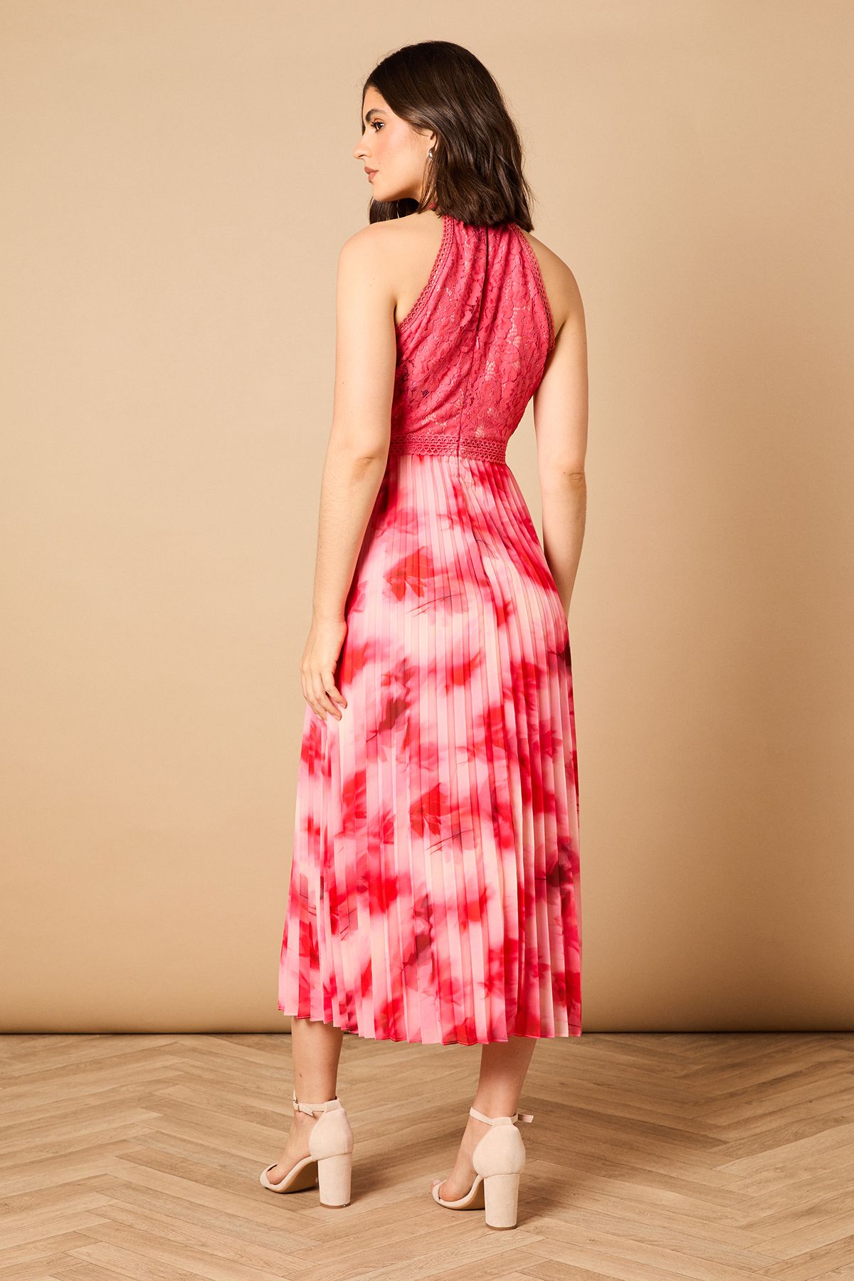 Printed Lace Mix Halterneck Midi Dress - Image 4