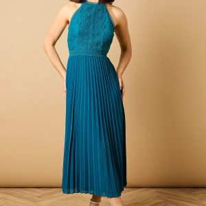 Plain Lace Mix Halterneck Midi Dress