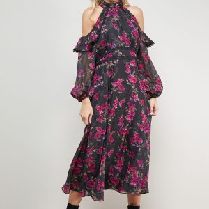 Cold Shoulder Ruffle Halterneck Midi Dress