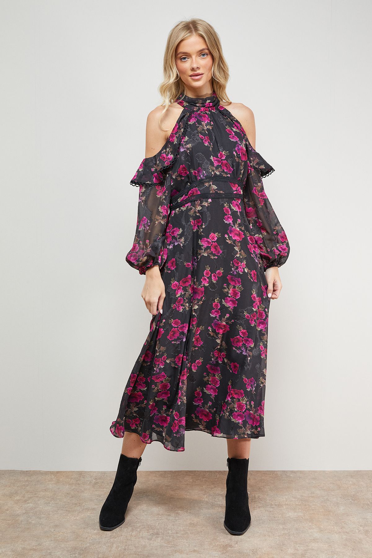 Cold Shoulder Ruffle Halterneck Midi Dress