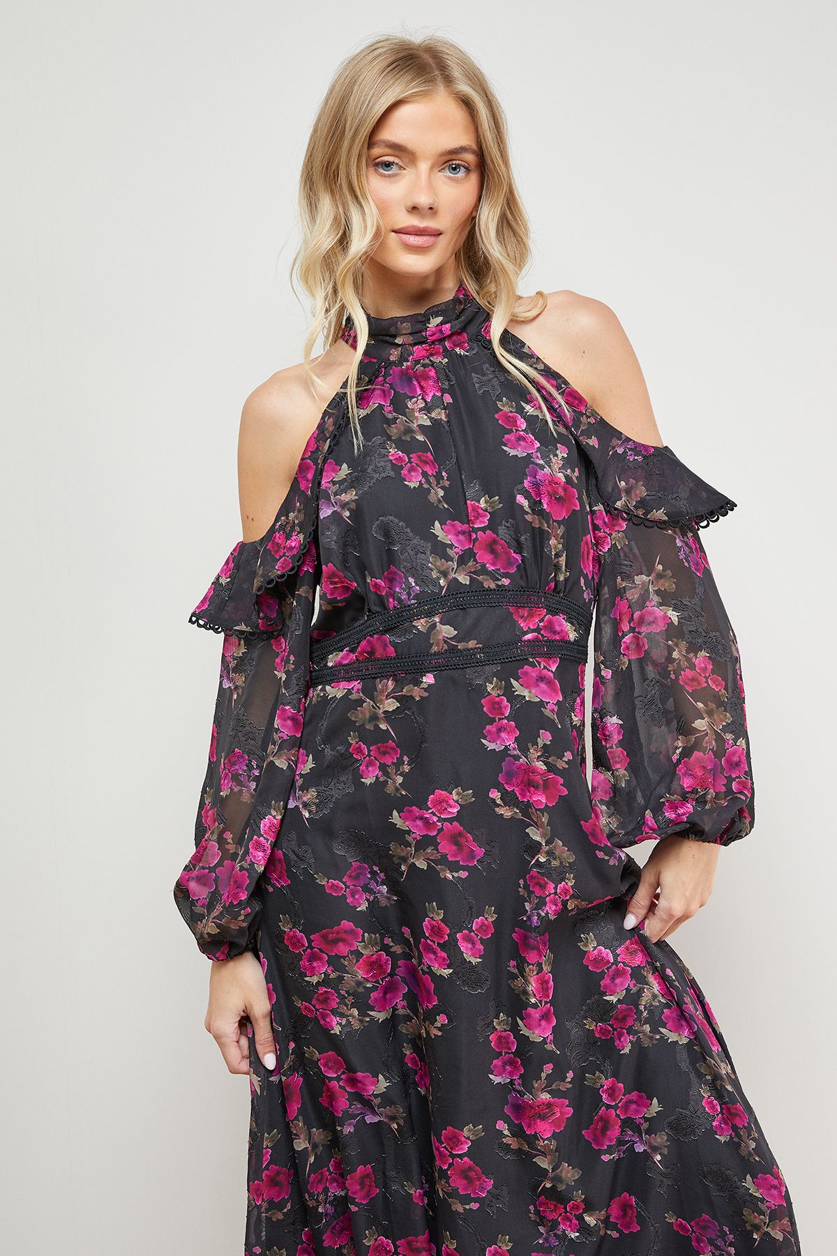 Cold Shoulder Ruffle Halterneck Midi Dress - Image 2