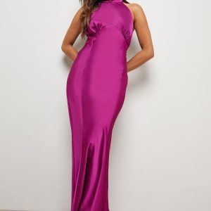 Petite Satin Halterneck Bias Midi Dress