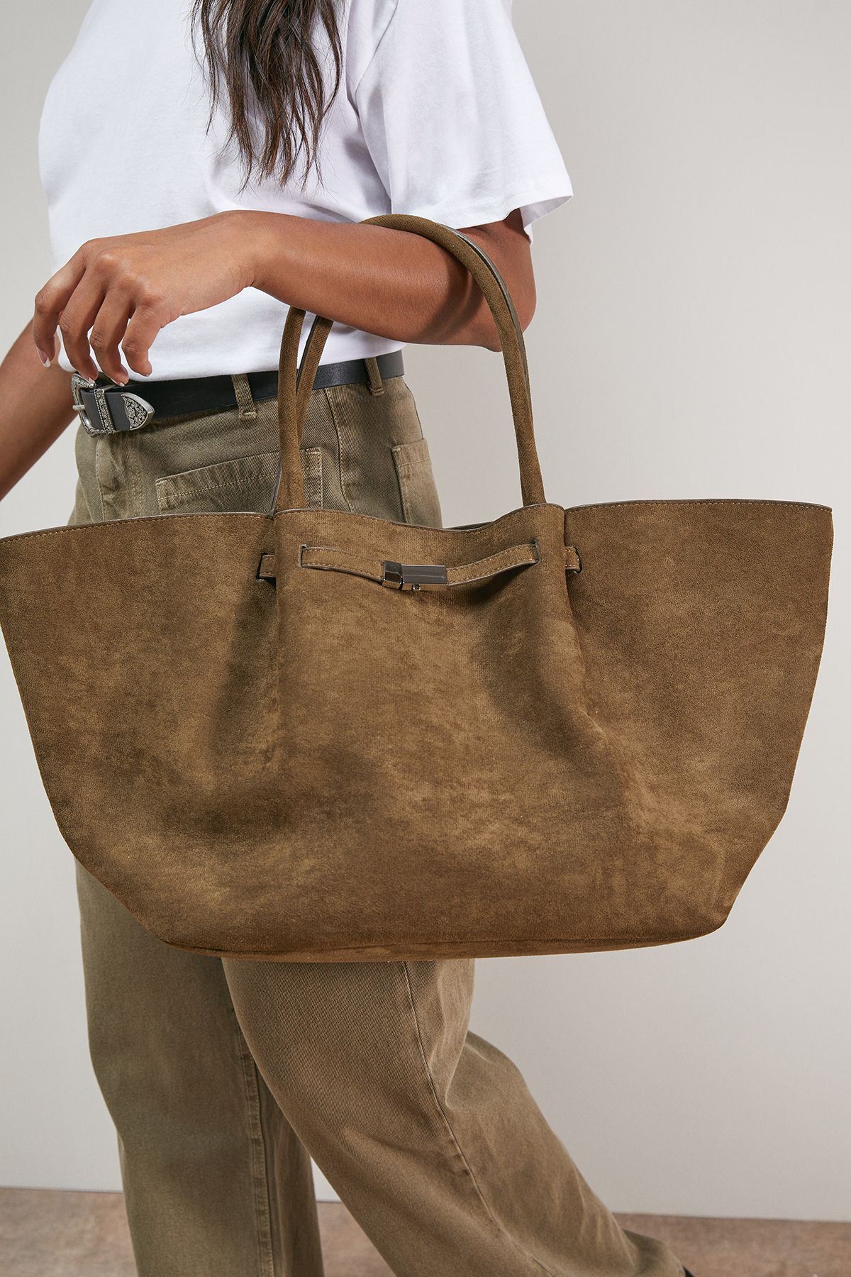Topic Faux Suede Top Handle Tote Bag - Image 2