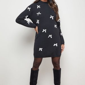 Bow Front High Neck Knitted Mini Dress