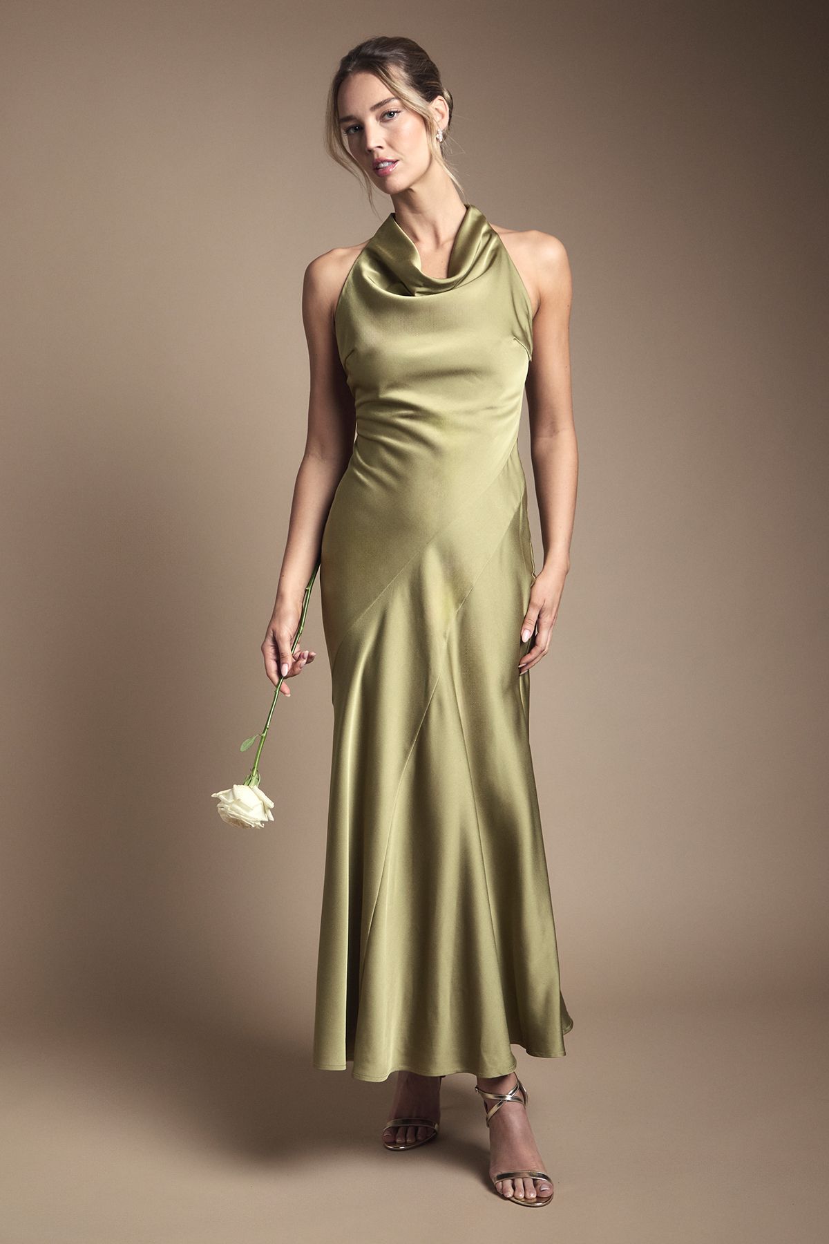 Petite Oasis Cowl Halterneck Satin Maxi Bridesmaid Dress
