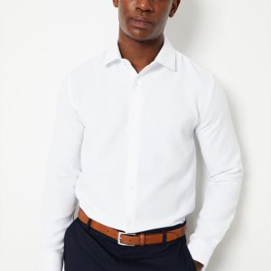White Tailored Fit Basketweave Long Sleeve Shirt