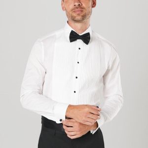 White Pleat Front Slim Fit Long Sleeve Dress Shirt