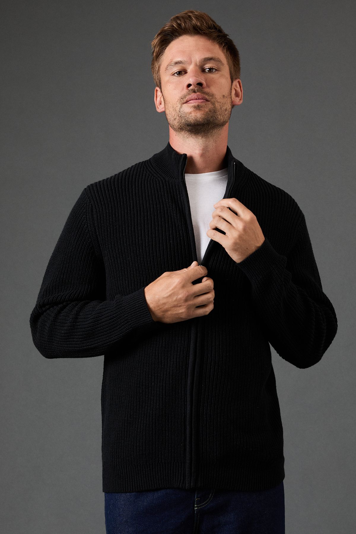 Cotton Rich Ribbed Zip Through Jumper - Image 2