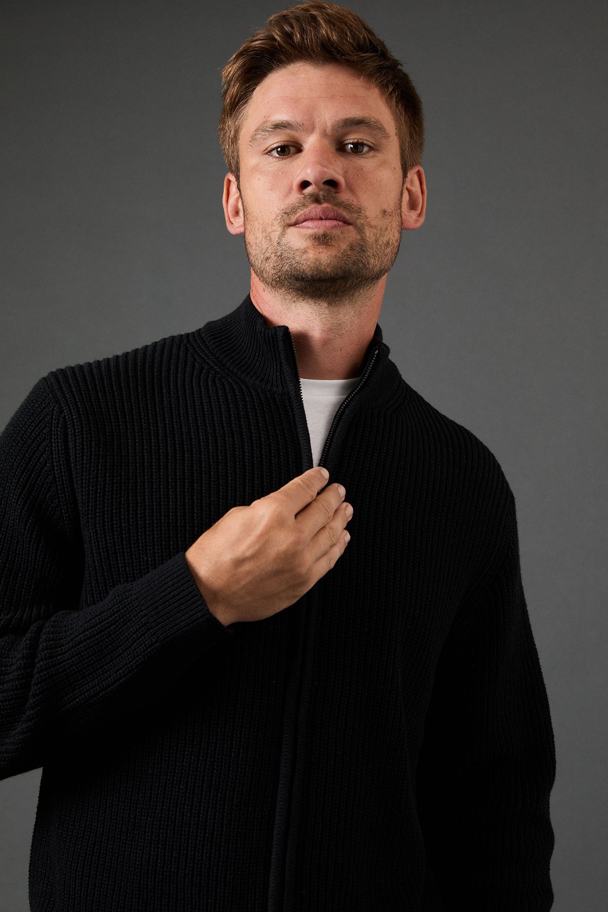 Cotton Rich Ribbed Zip Through Jumper - Image 4