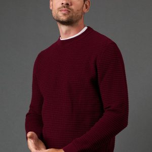 Burgundy Waffle Crew Neck Knitted Jumper