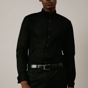 Black Wing Collar Bib Front Slim Fit Long Sleeve Dress Shirt