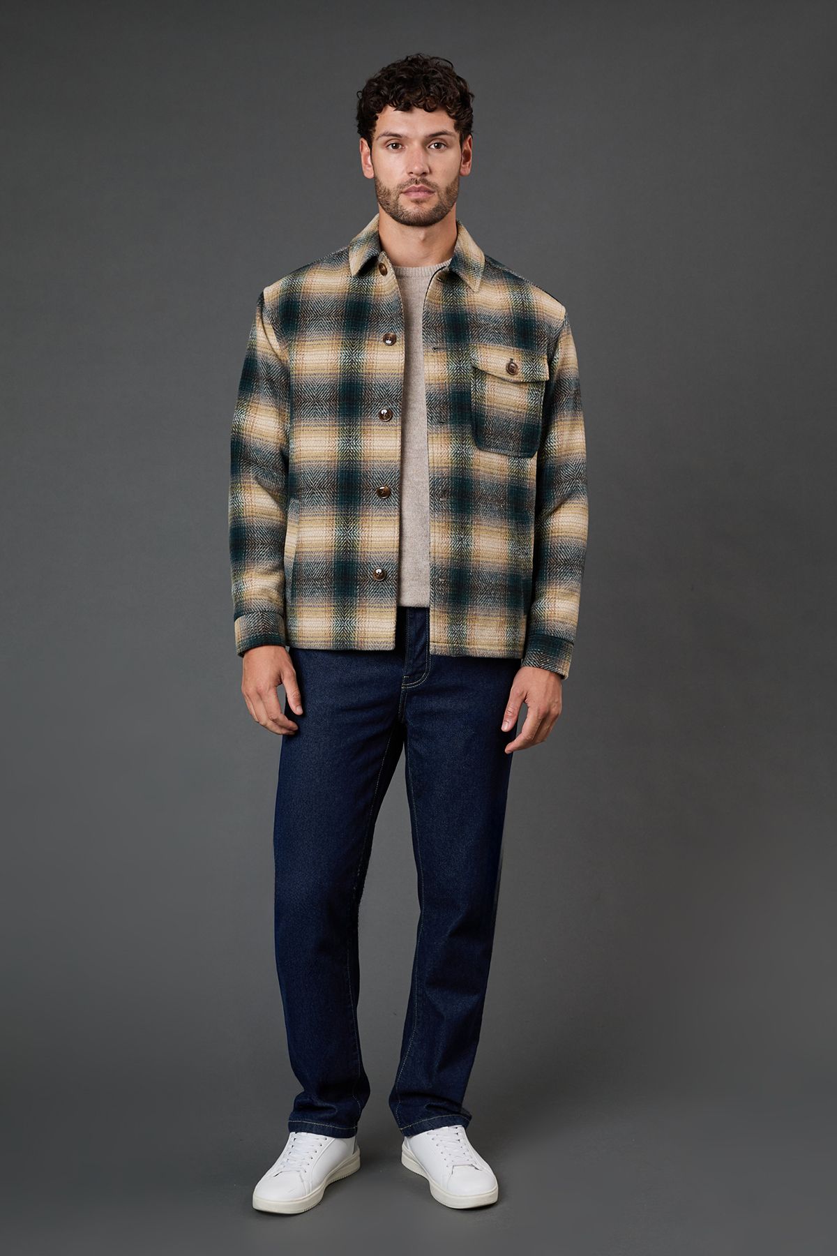 Dark Green Check Wool Look Short Jacket - Image 2