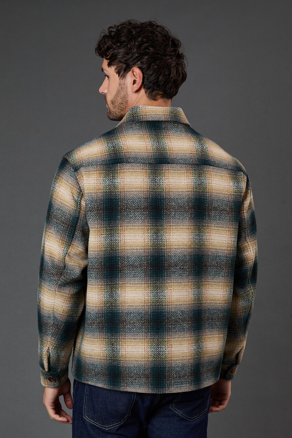 Dark Green Check Wool Look Short Jacket - Image 3