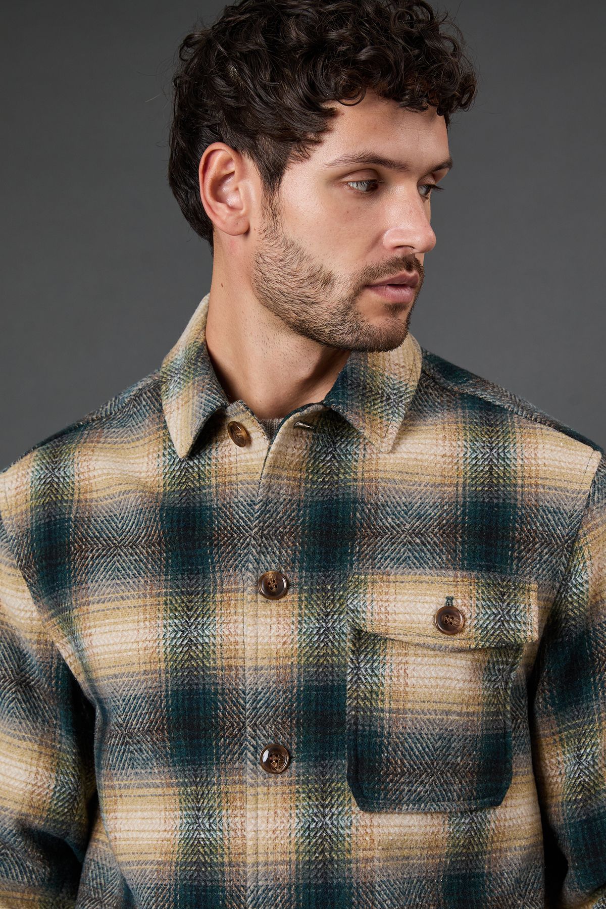 Dark Green Check Wool Look Short Jacket - Image 4