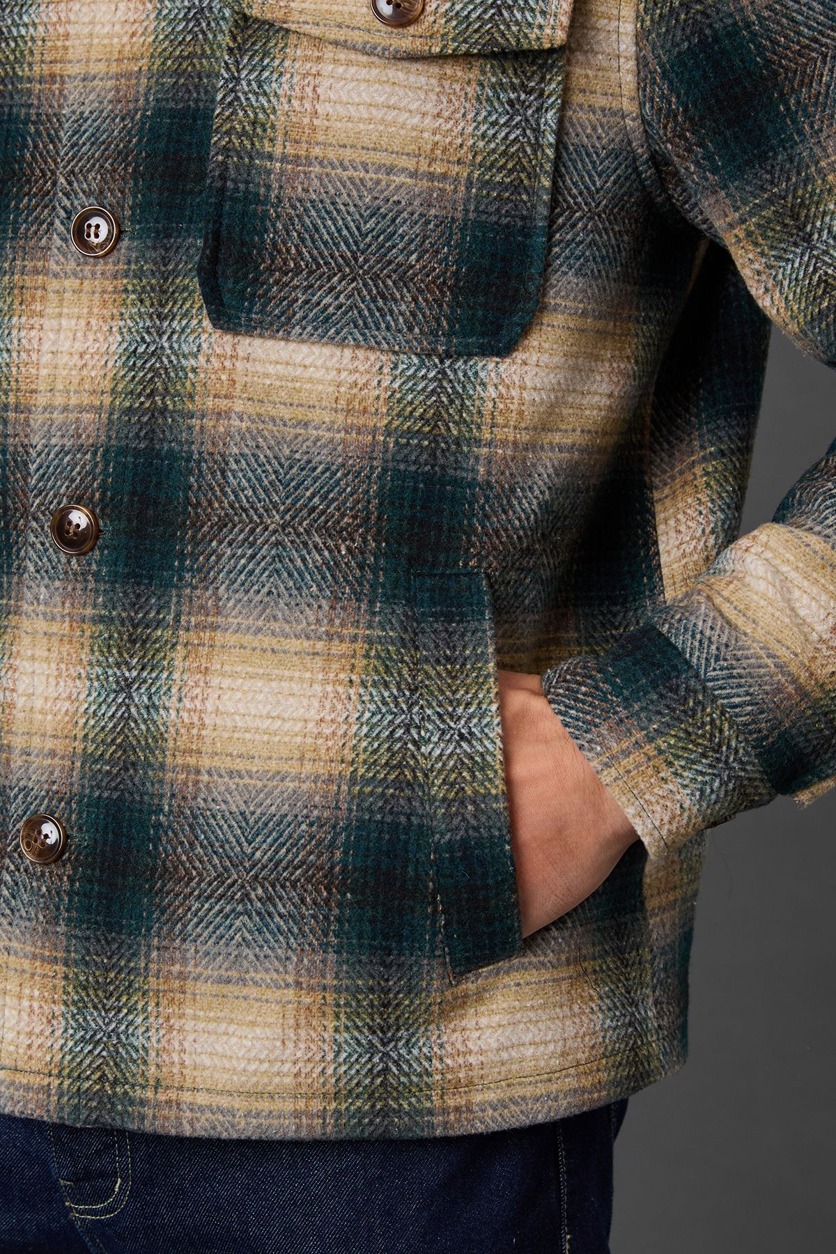 Dark Green Check Wool Look Short Jacket - Image 5