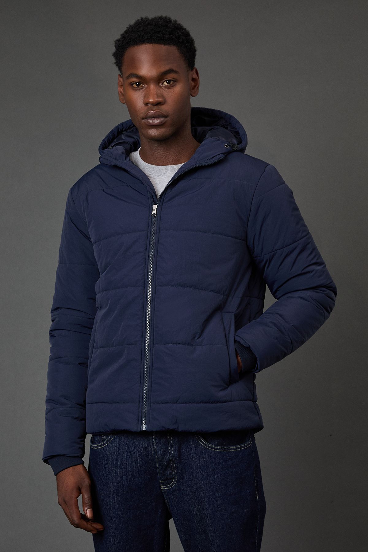 Navy Quilted Padded Hooded Jacket