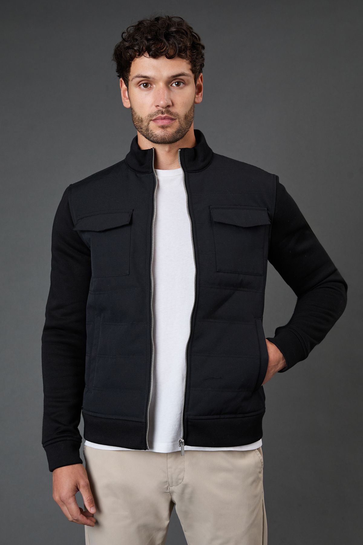 Black Four Pocket Hybrid Padded Jacket