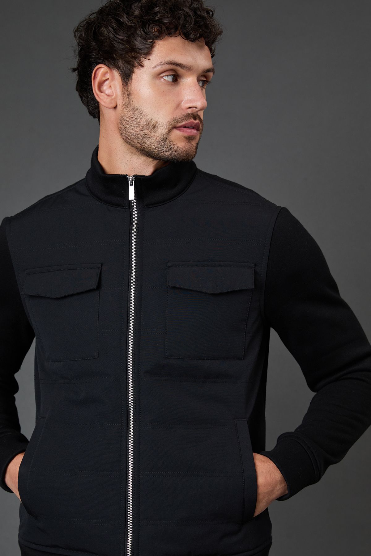 Black Four Pocket Hybrid Padded Jacket - Image 5