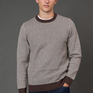 Dark Brown Super Soft Knitted Geo Crew Neck Jumper
