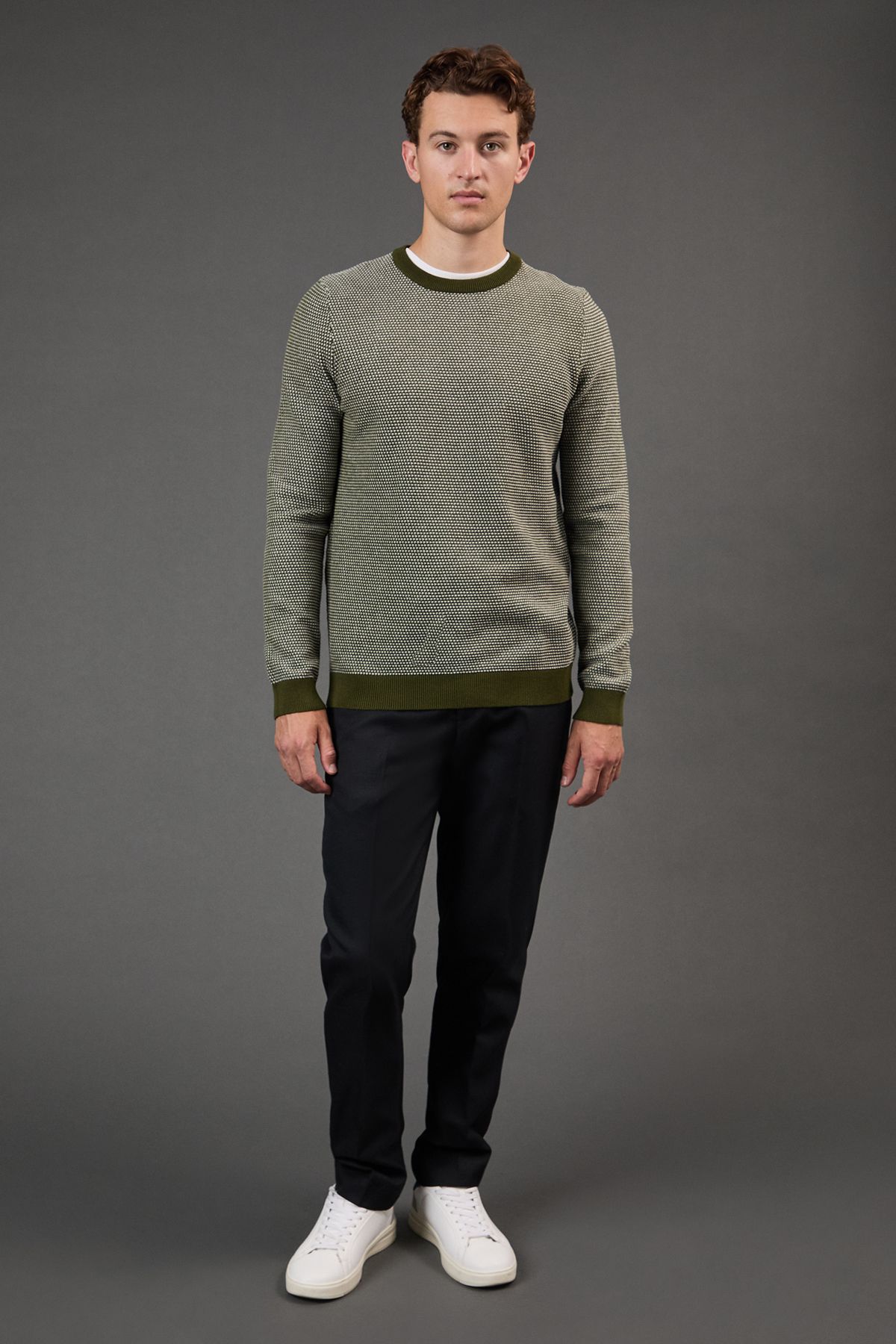 Khaki Textured Crew Neck Jumper - Image 2