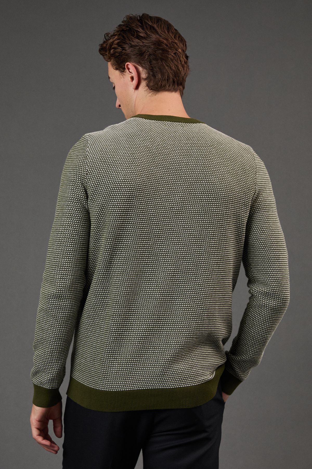 Khaki Textured Crew Neck Jumper - Image 3