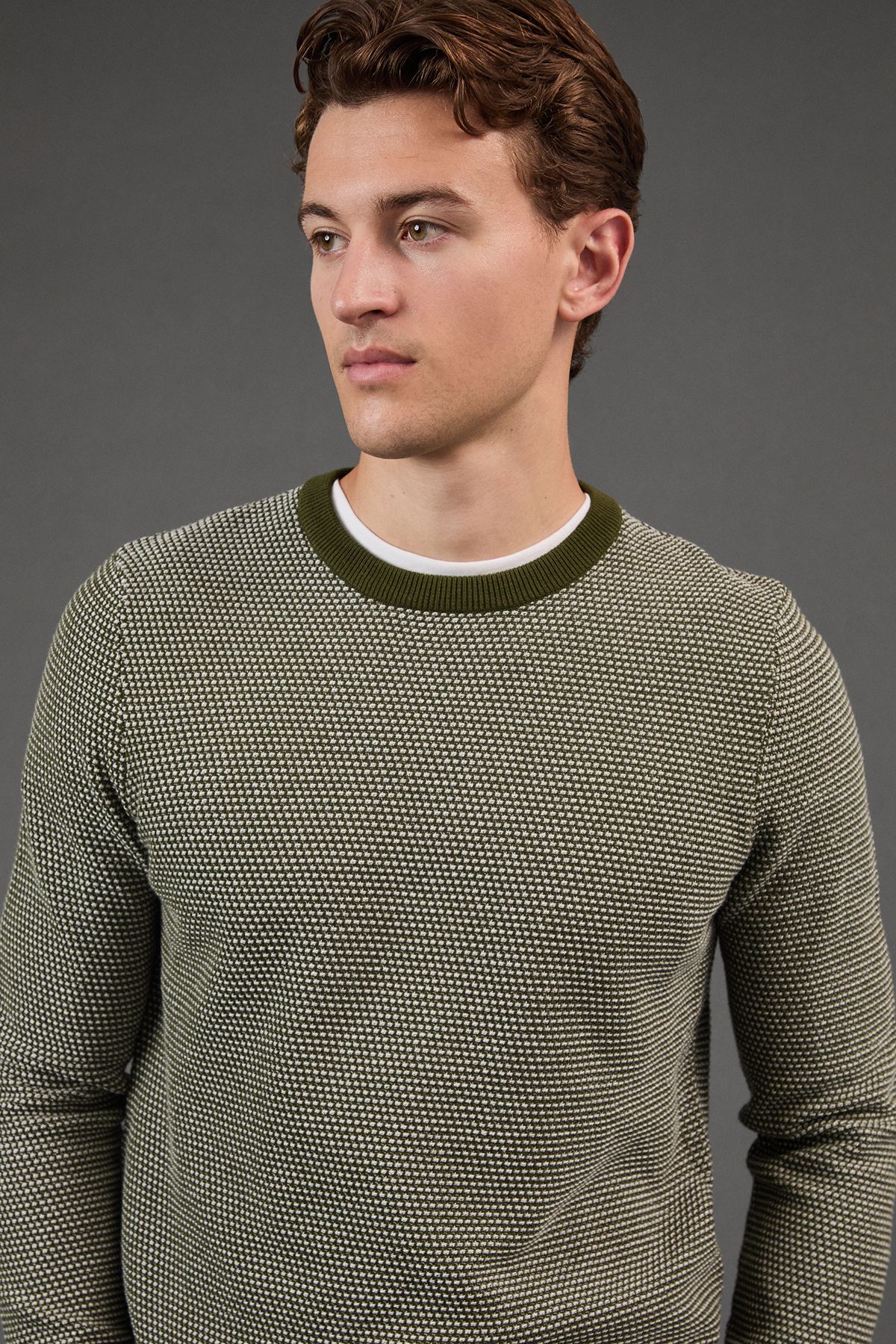 Khaki Textured Crew Neck Jumper - Image 4