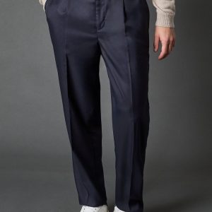 Navy Pleat Front Wide Leg Smart Trousers