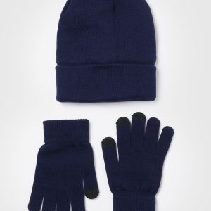 Navy Knitted Hat And Gloves Set