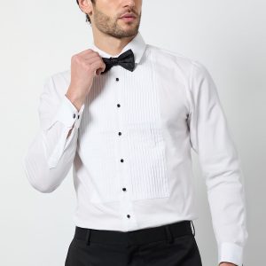 White Pleat Front Skinny Fit Long Sleeve Dress Shirt