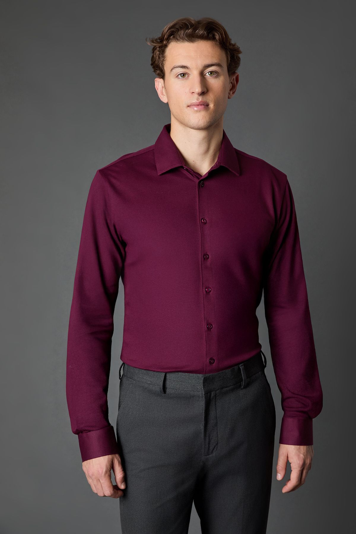 Burgundy Pique Slim Fit Long Sleeve Shirt