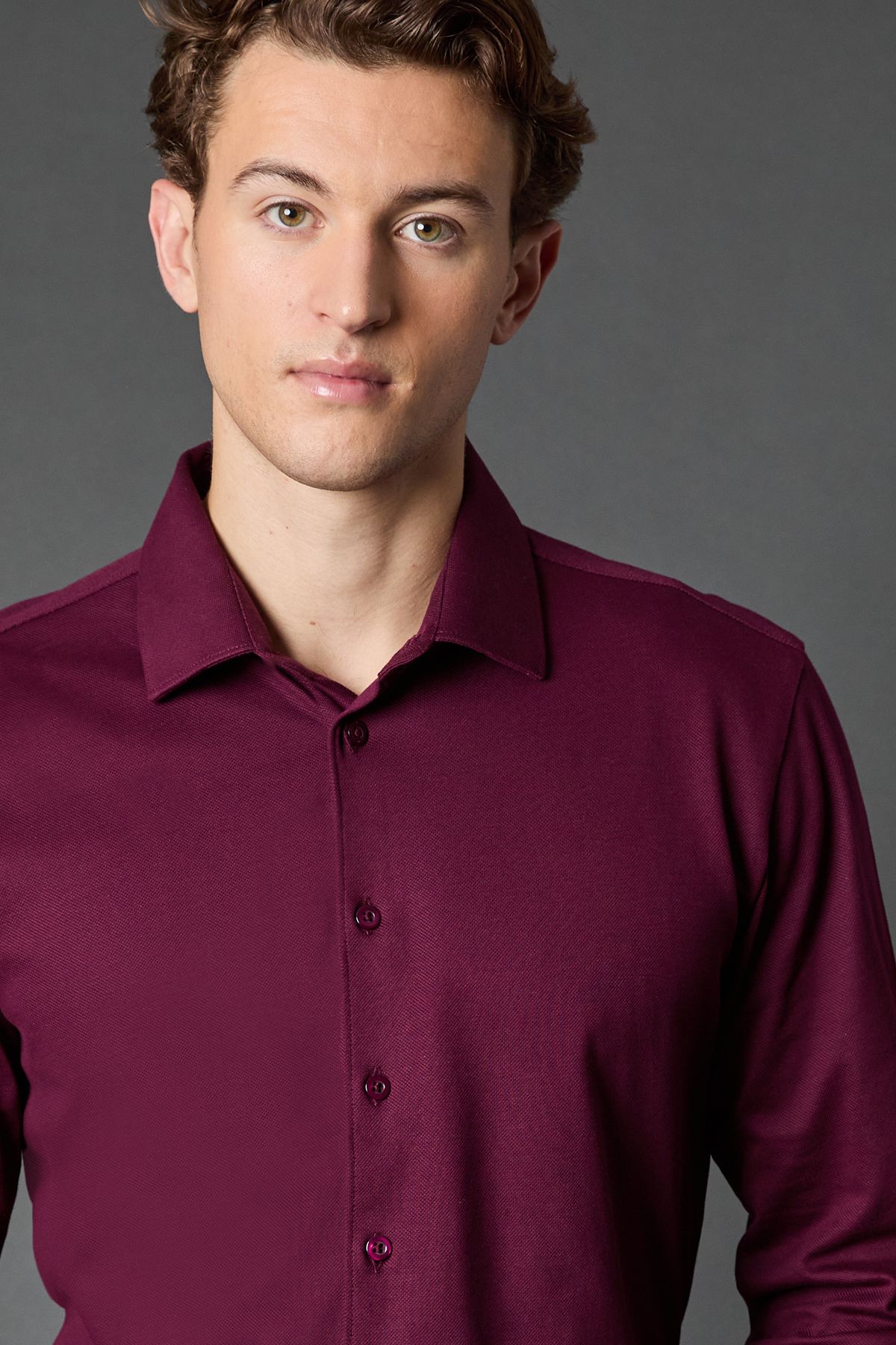 Burgundy Pique Slim Fit Long Sleeve Shirt - Image 2