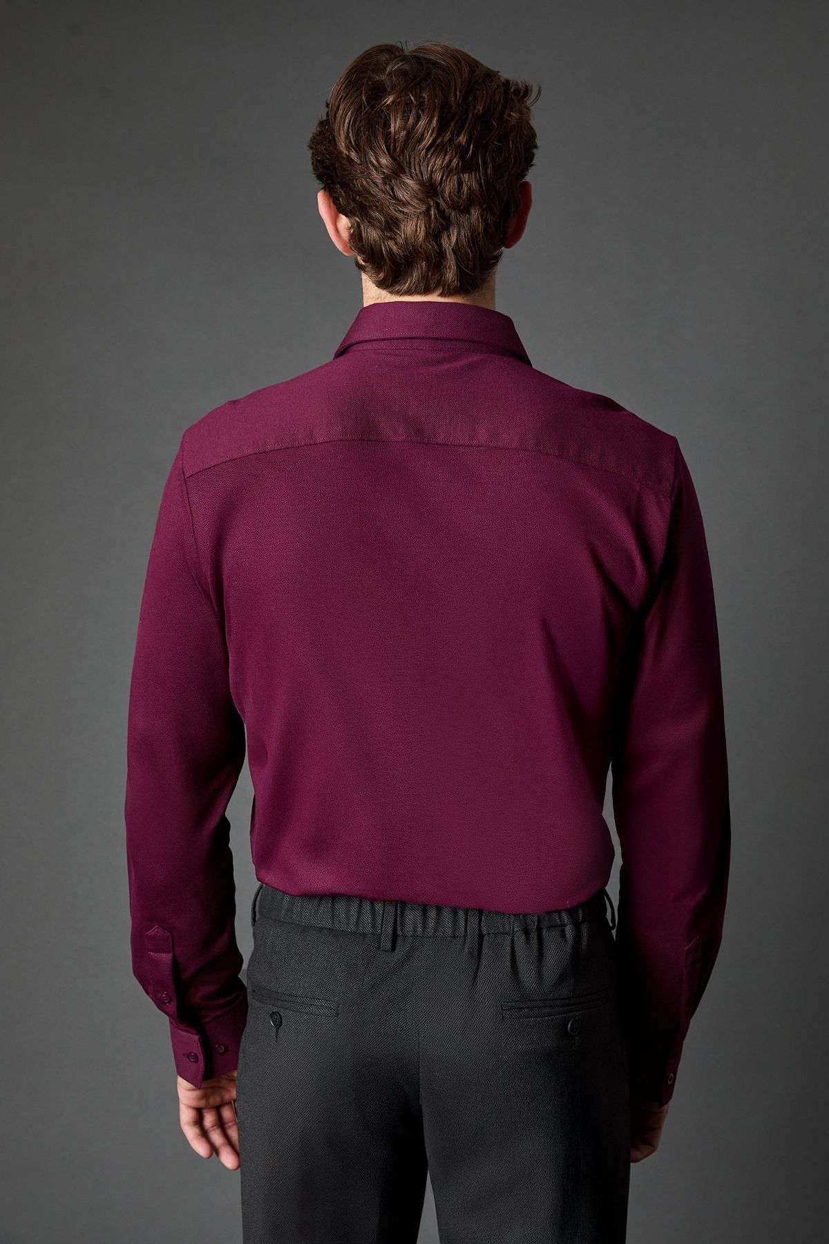 Burgundy Pique Slim Fit Long Sleeve Shirt - Image 3
