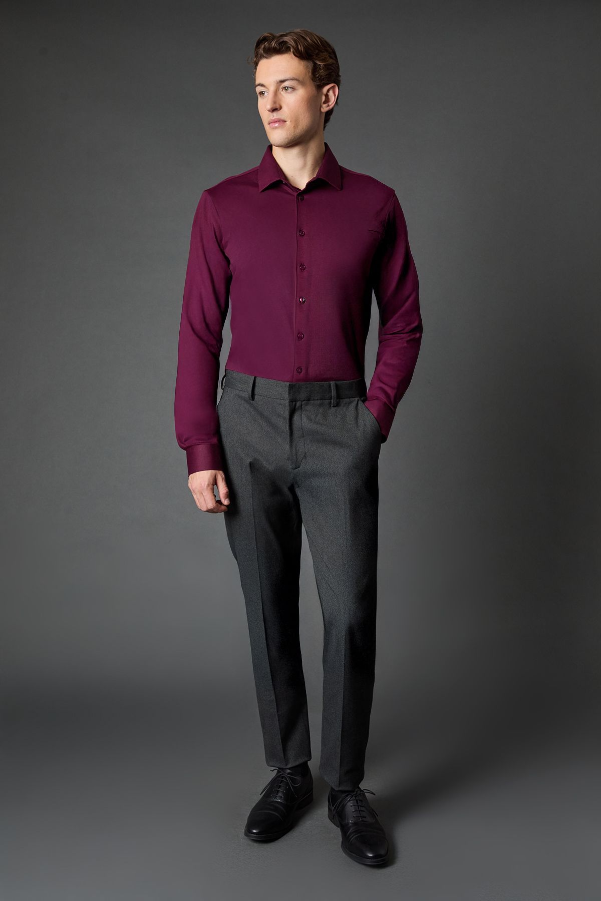 Burgundy Pique Slim Fit Long Sleeve Shirt - Image 4