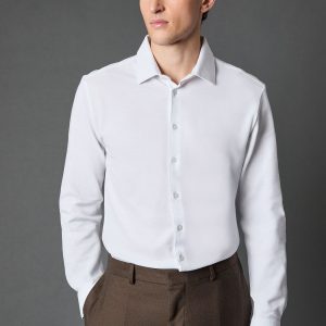 White Pique Slim Fit Long Sleeve Shirt