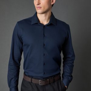 Navy Pique Slim Fit Long Sleeve Shirt
