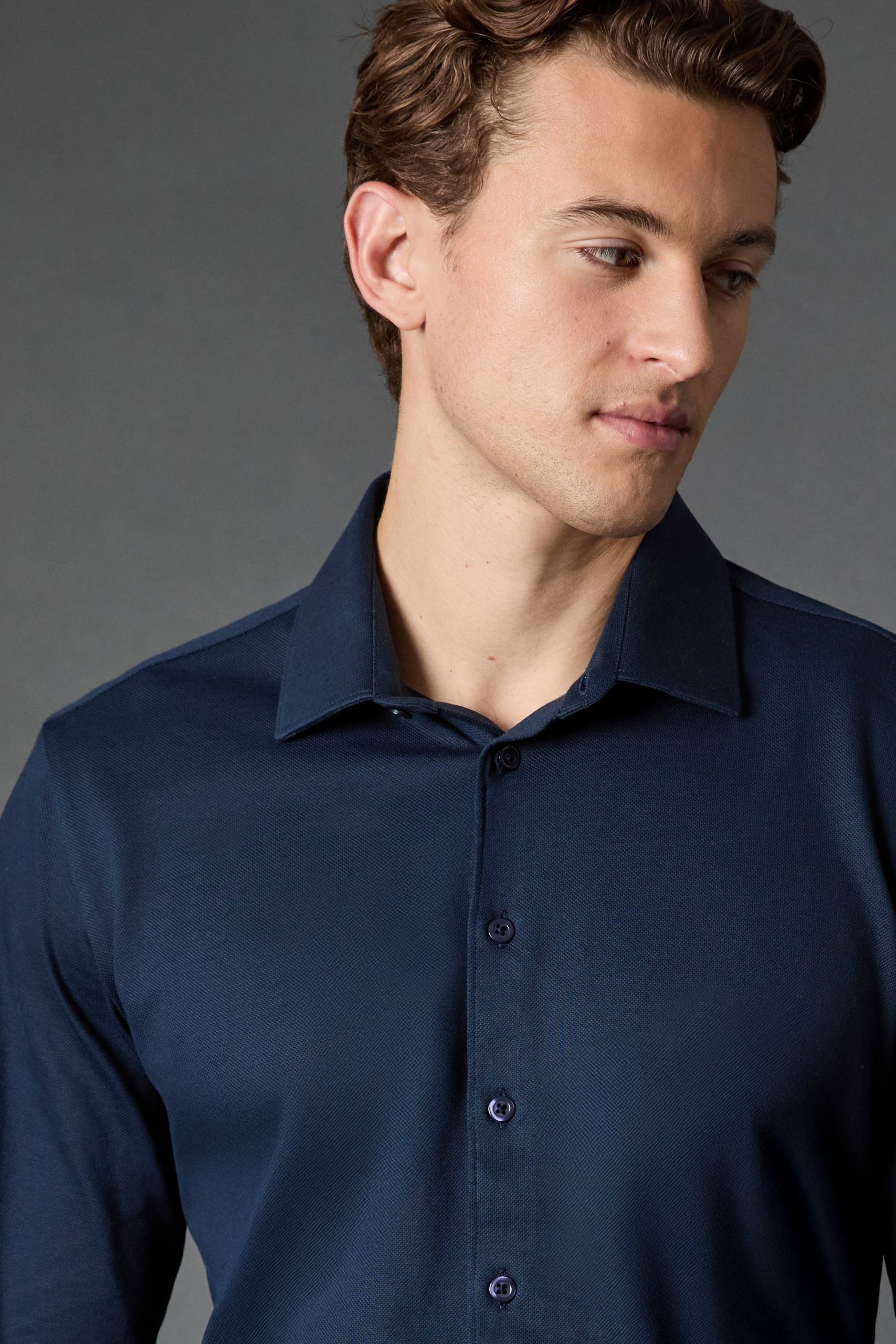 Navy Pique Slim Fit Long Sleeve Shirt - Image 2