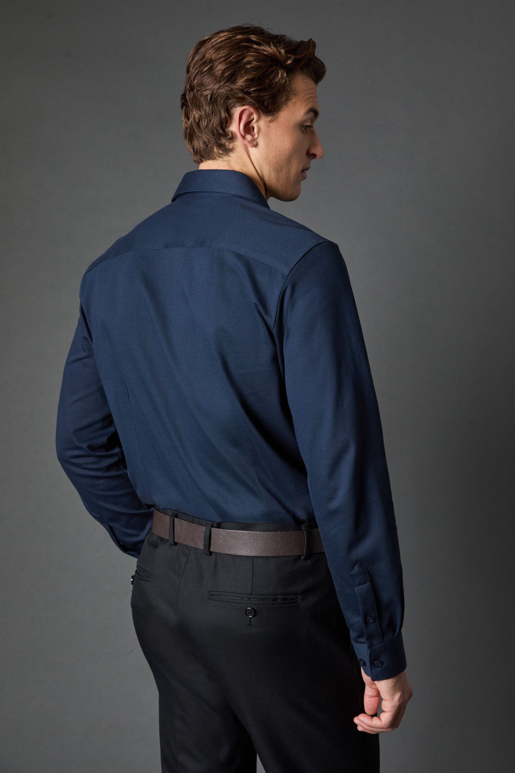 Navy Pique Slim Fit Long Sleeve Shirt - Image 3