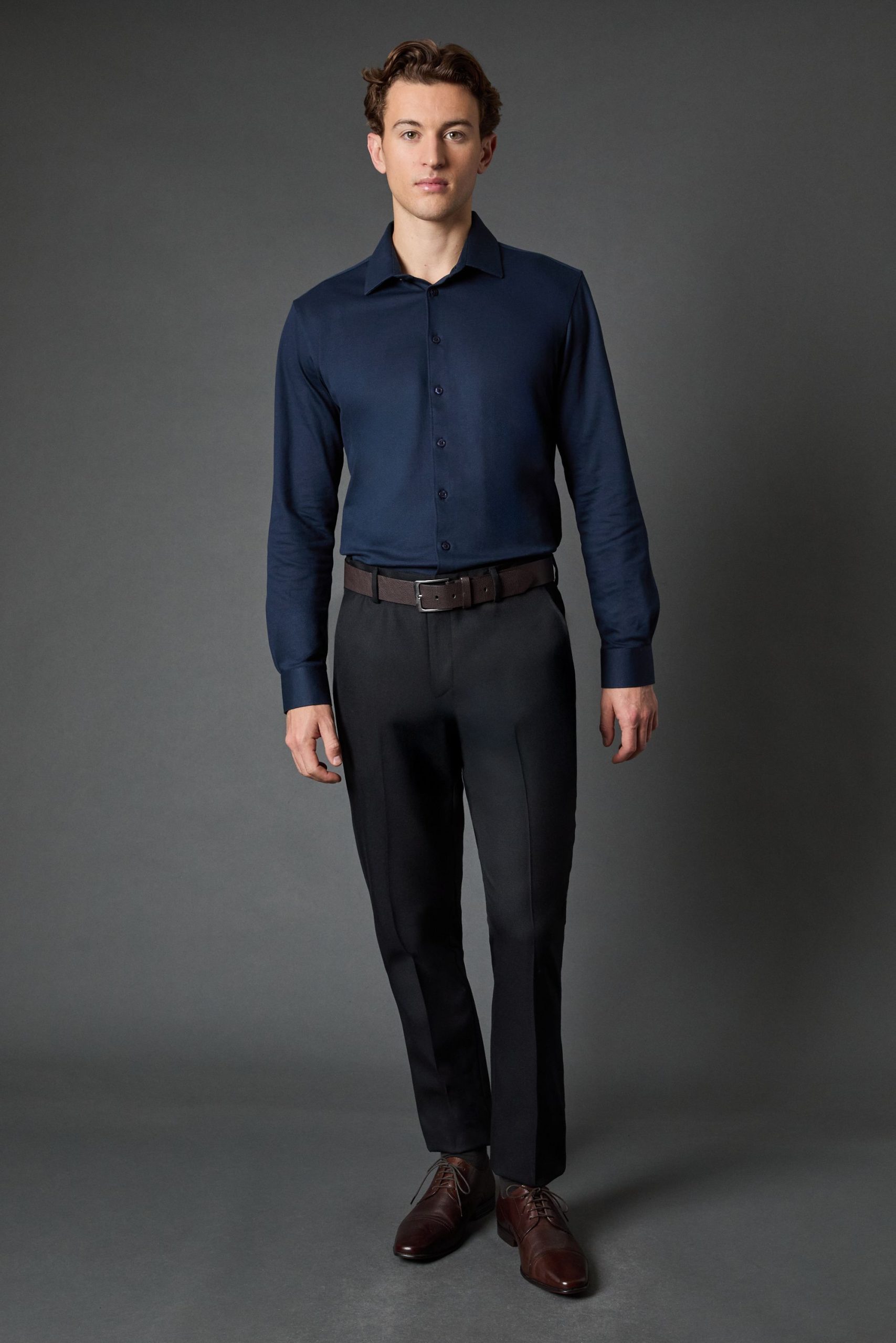 Navy Pique Slim Fit Long Sleeve Shirt - Image 4